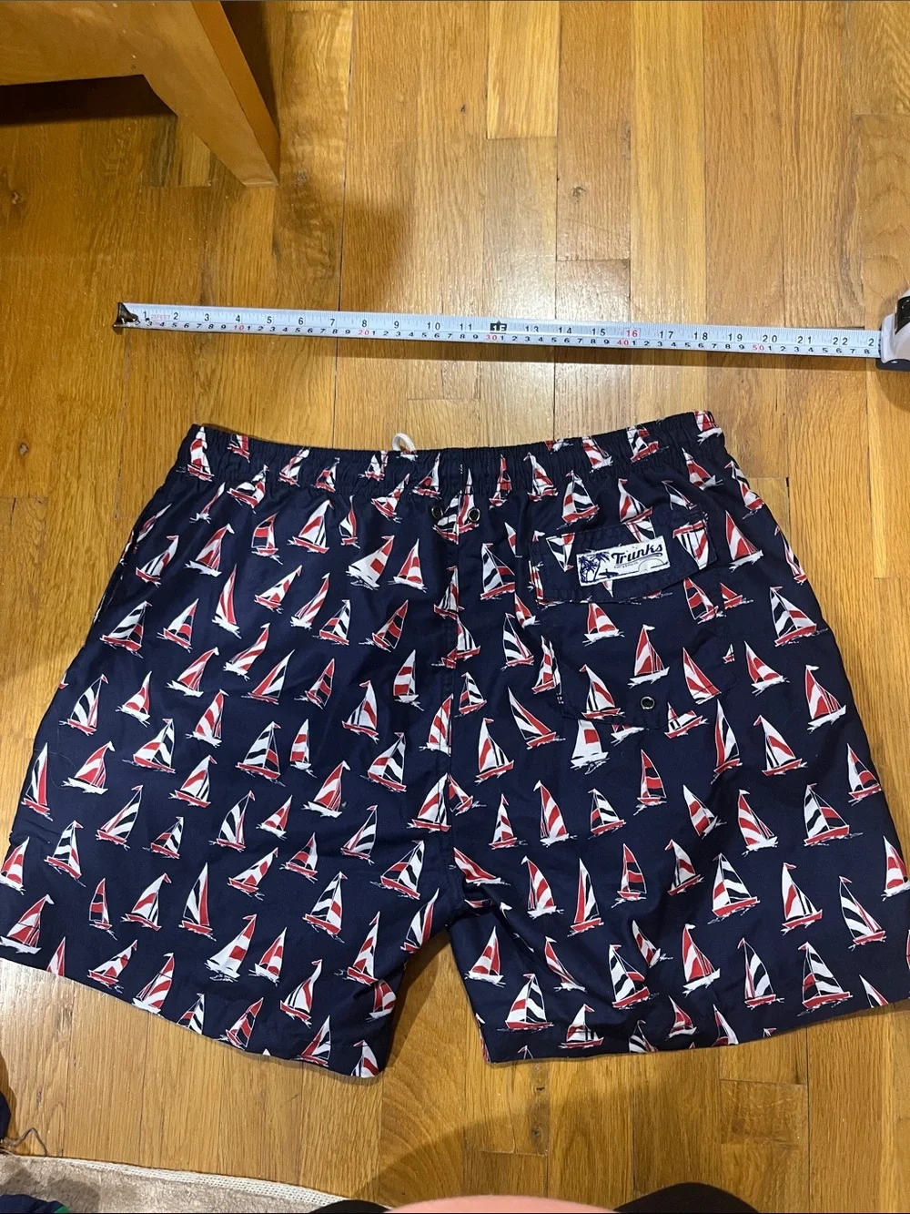 Men's Navy Sailboat Swim Trunks with Drawstring Waist